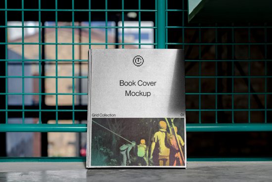 Realistic book cover mockup on urban metal grid background for presentation, design showcase, portfolio, advertising.